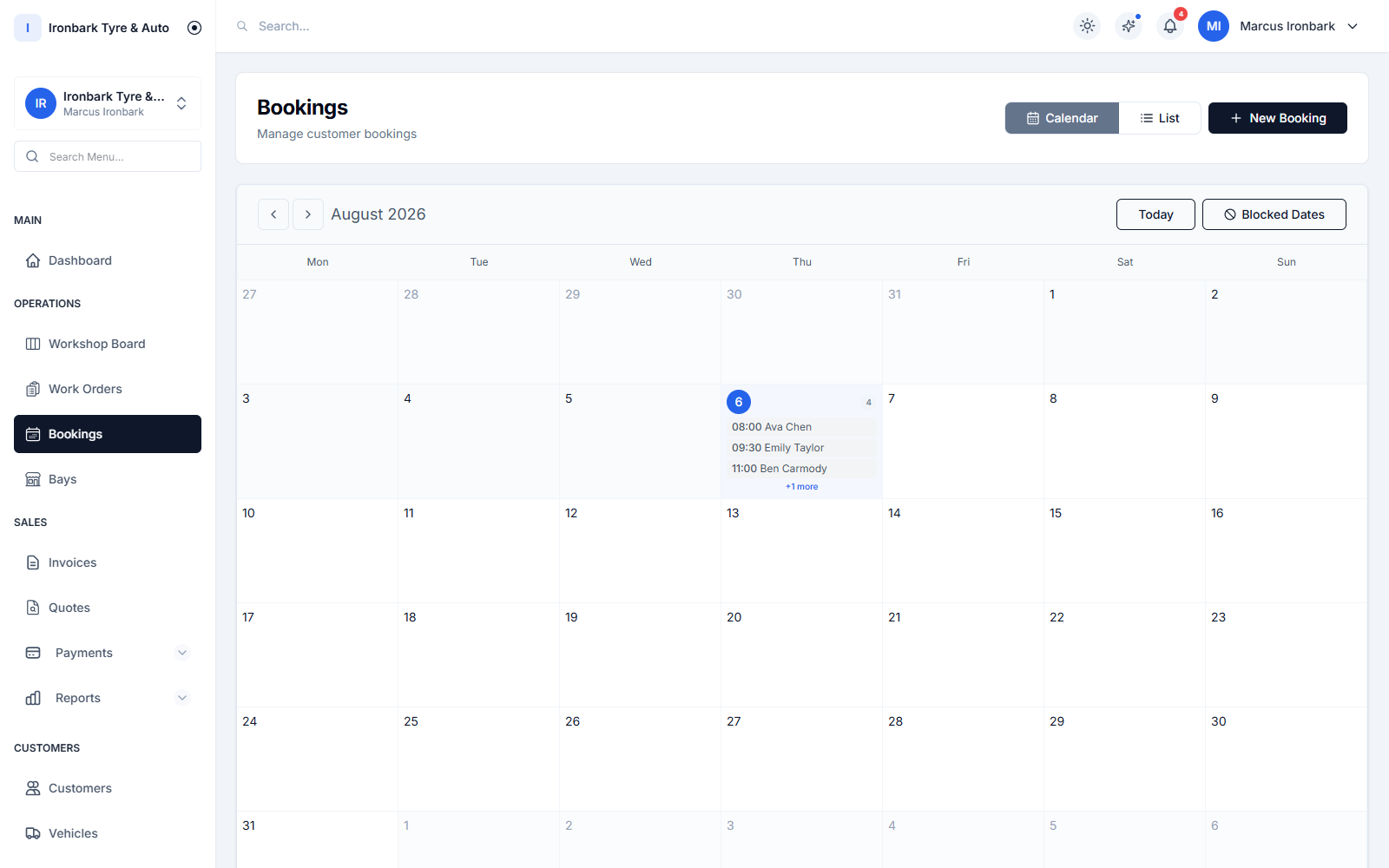 Staff bookings calendar with the day’s appointments across the bays