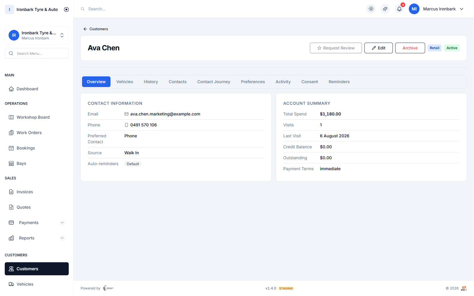 Customer record with linked vehicles and workshop history