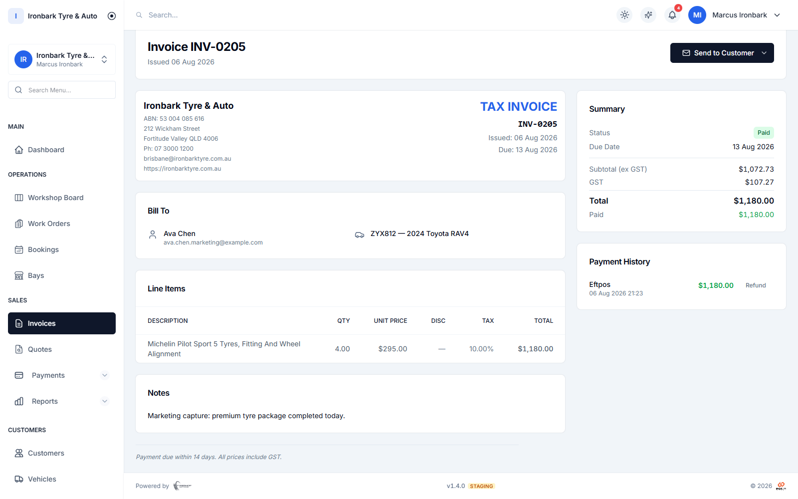 Invoice detail with line items, totals, payment history and send actions