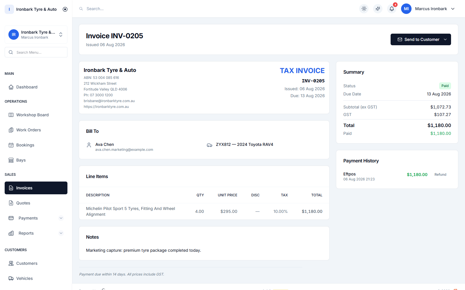 Branded GST tax invoice with tyre line items, GST breakdown and total, marked paid in full, as the customer sees it online