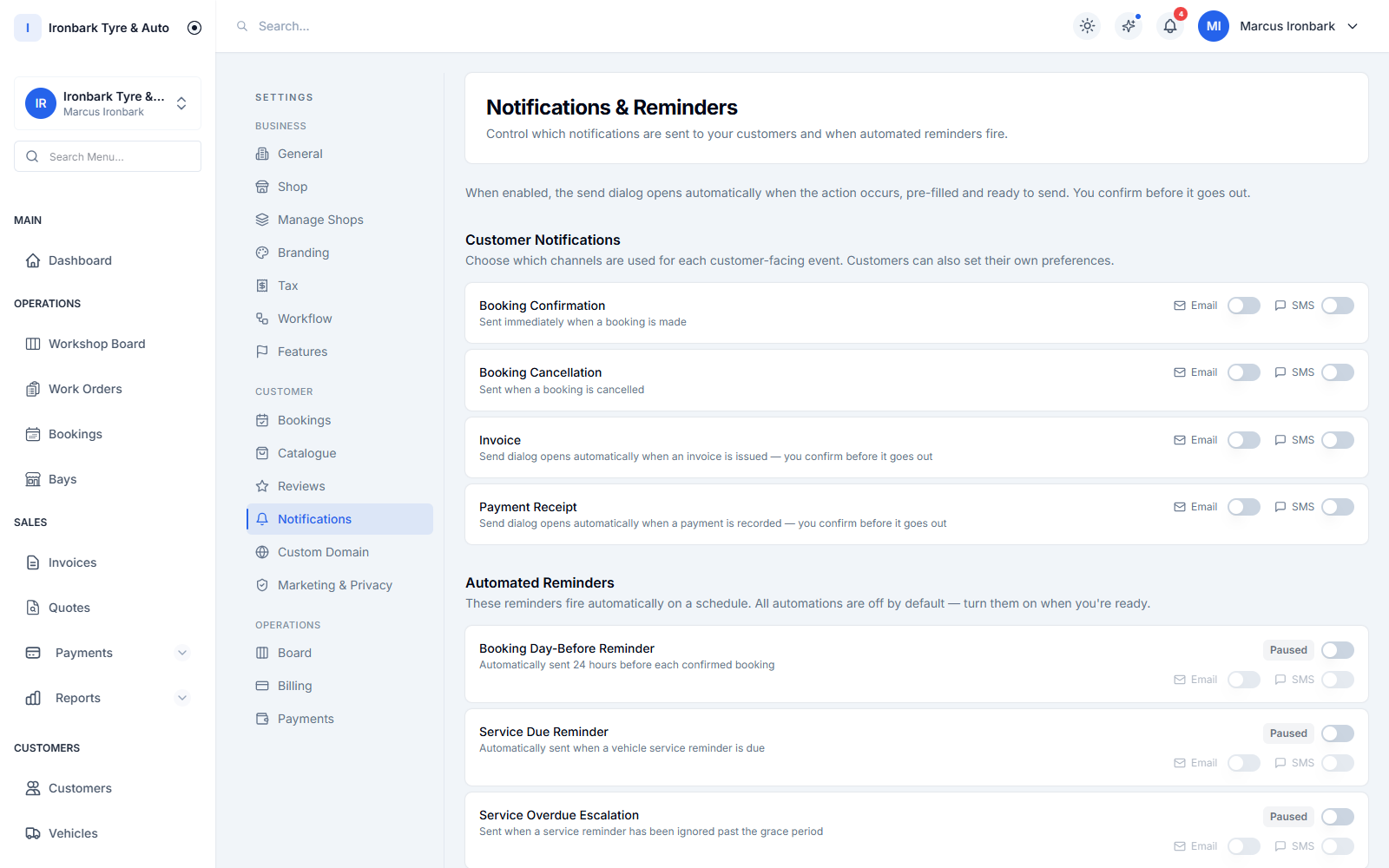 Notification settings choosing SMS or email per customer-facing event