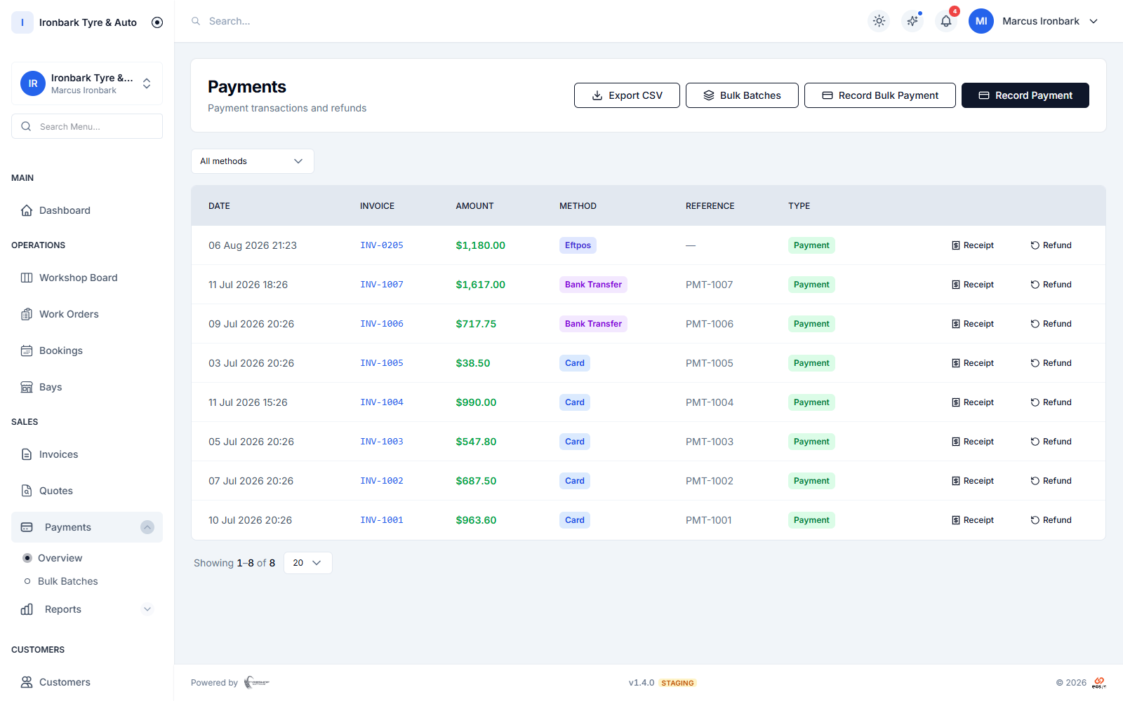 Payments screen listing received card and bank-transfer payments