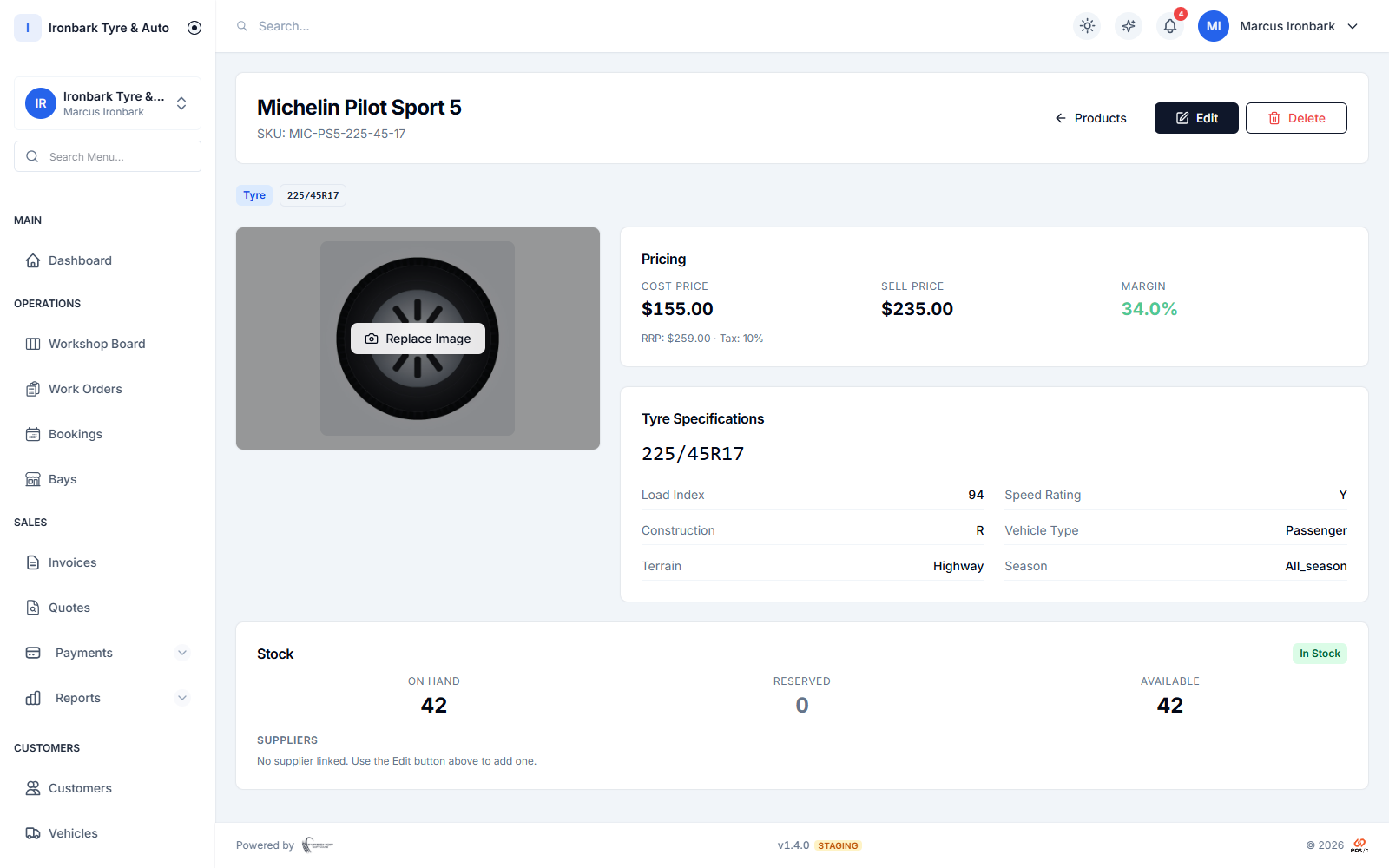 Owner view of a tyre showing cost price and margin