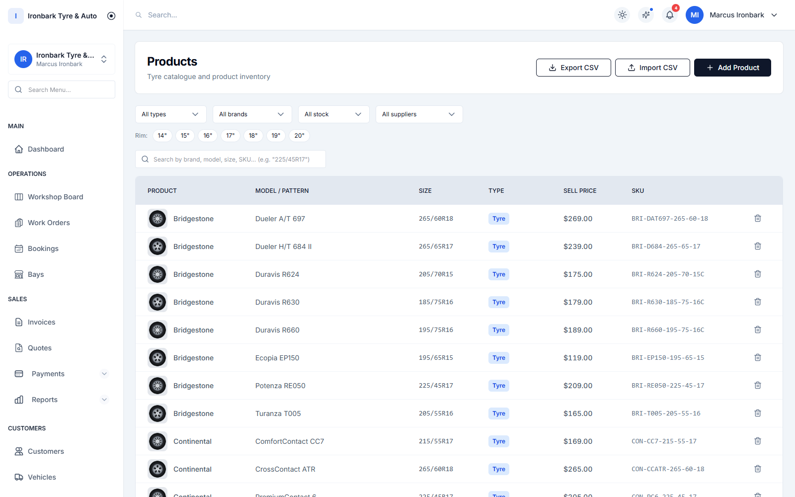 Internal tyre catalogue with size-aware search across brands and patterns