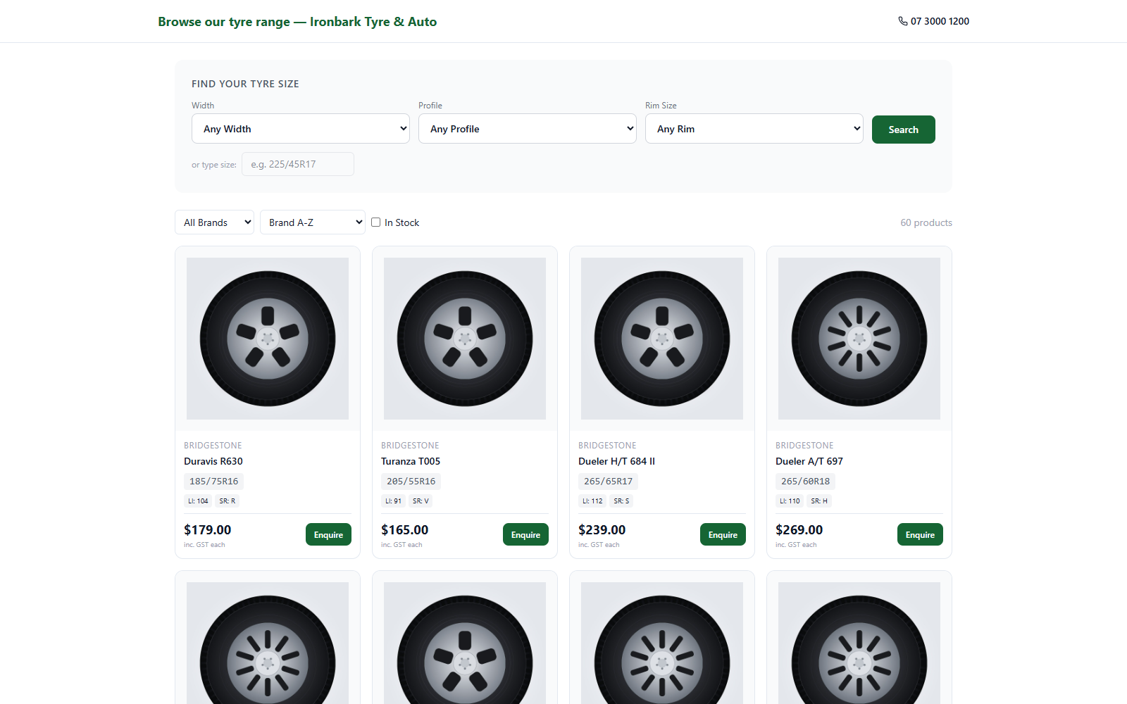 Public tyre catalogue on the shop’s website, browsable by size, brand and price with GST-inclusive pricing