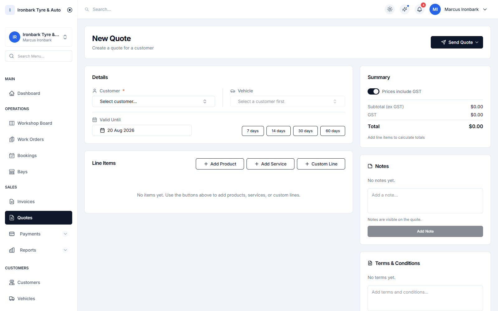 Building a quote with a tyre and services picker and GST-inclusive lines
