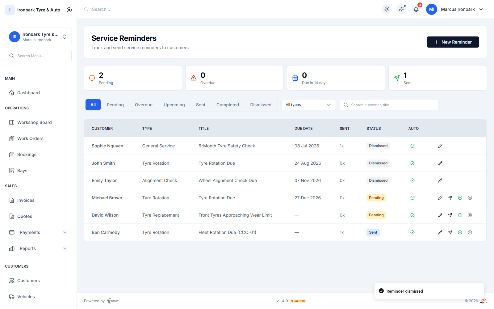 Service reminders scheduled by date and odometer, sent by SMS or email