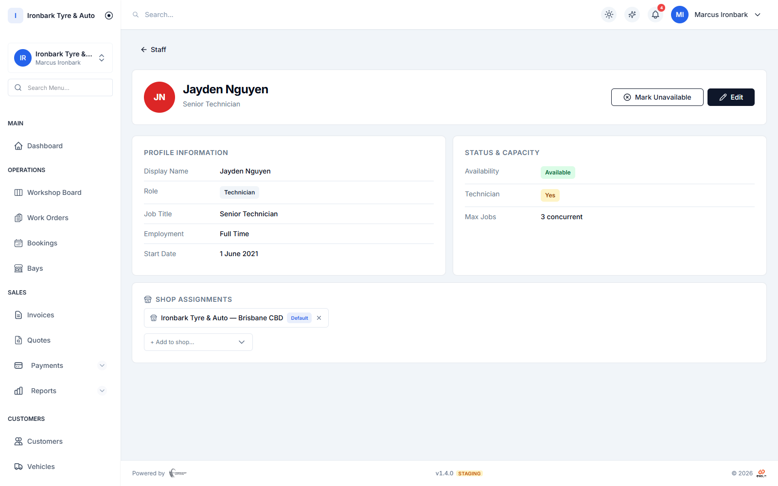 A staff member’s profile and role permissions