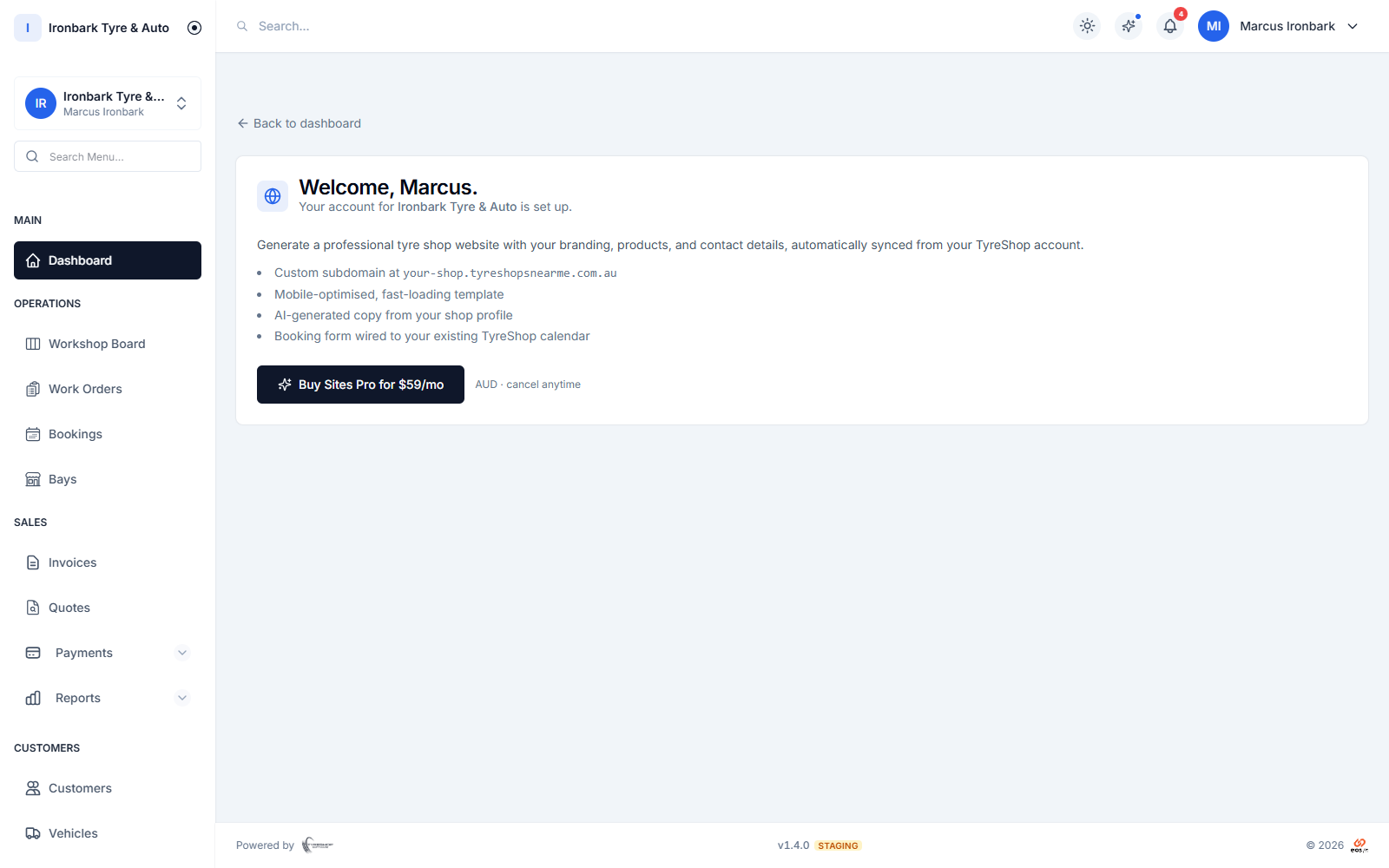 TyreShop Software website add-on connected to the Ironbark demo shop, products and booking calendar
