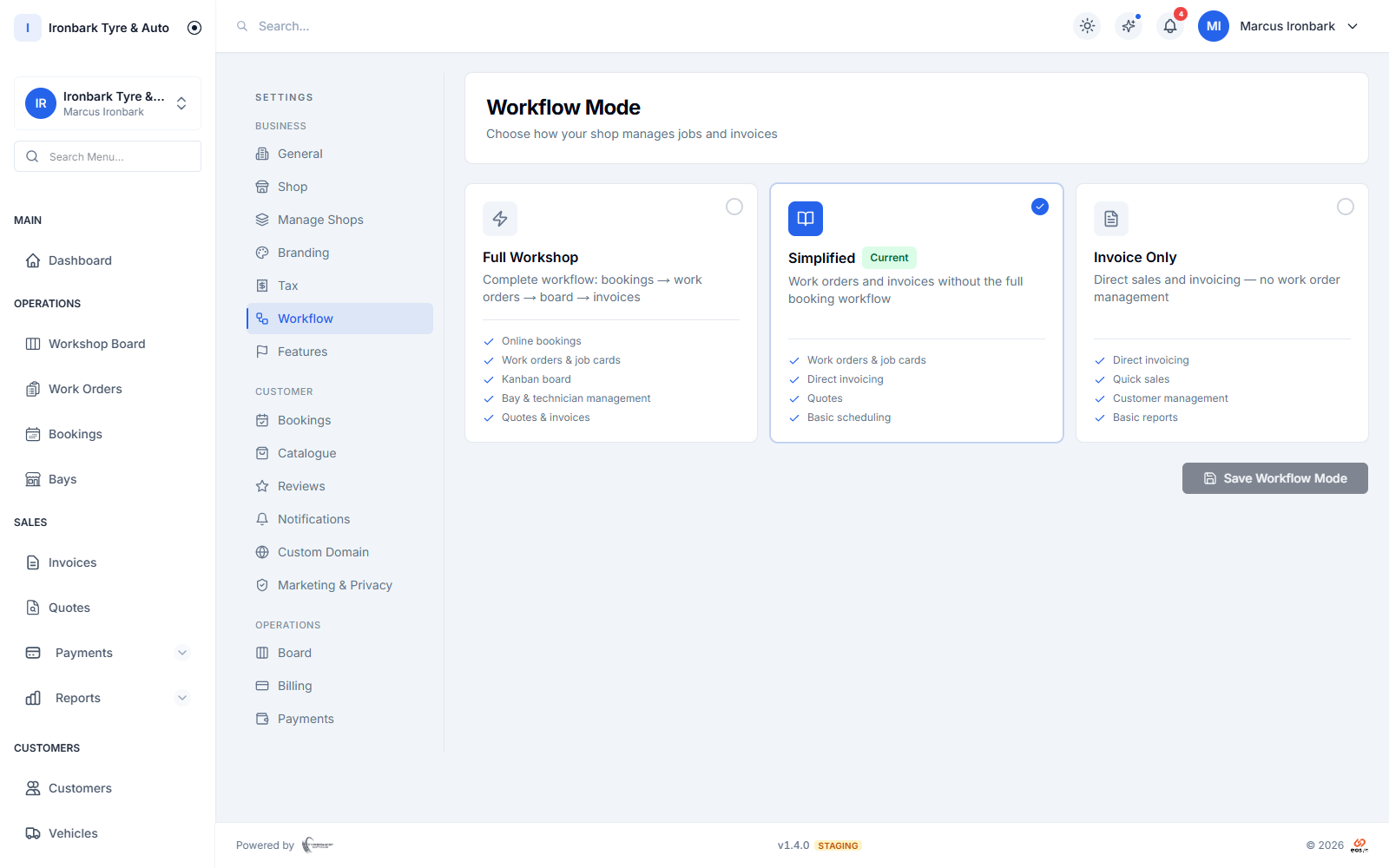 Workflow mode settings for full, simplified or invoice-only operation
